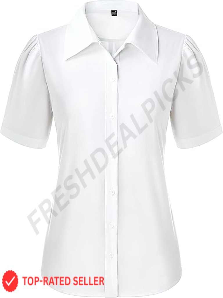 Short Sleeve Fitted Button Down Blouse V Neck Puff Sleeve Business Casual